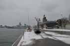 Setup - Warship Peder Skram in background, Submarine 'Saelen' to the right.